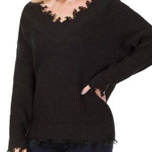 Double V Neck Distressed Waffle Sweater, Black